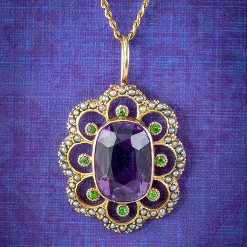 Antique Edwardian Suffragette Pendant Necklace Amethyst Peridot Pearl 9ct Gold c.1910 (1 of 8)