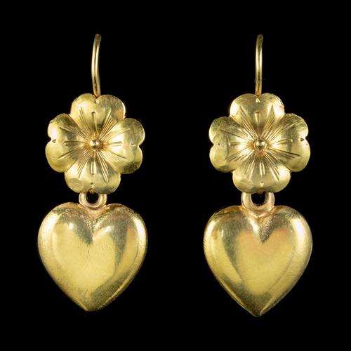 Antique Victorian Heart Four Leaf Clover Earrings 18ct Gold Circa 1860 (1 of 3)