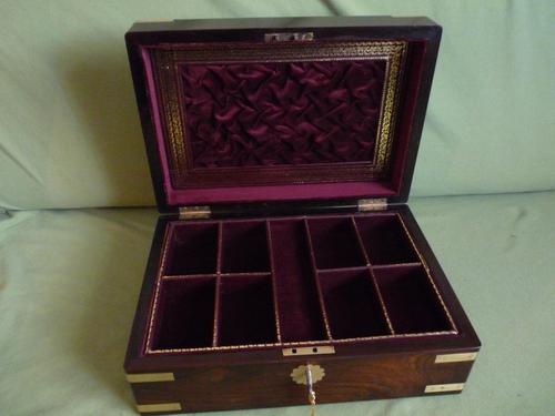 Quality Brass Bound Rosewood Unisex Jewellery Box + Tray c.1850 (1 of 10) Quality Brass Bound Rosewood Unisex Jewellery Box + Tray c.1850 (1 of 10)