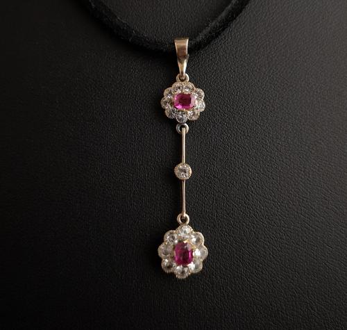 Art Nouveau Ruby & Zircon Drop Pendant, Floral (1 of 10)