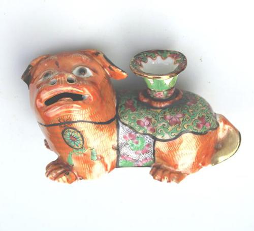 Chinese Canton Famille Rose Porcelain Buddhist Lion Candlestick 19th Century (1 of 9)