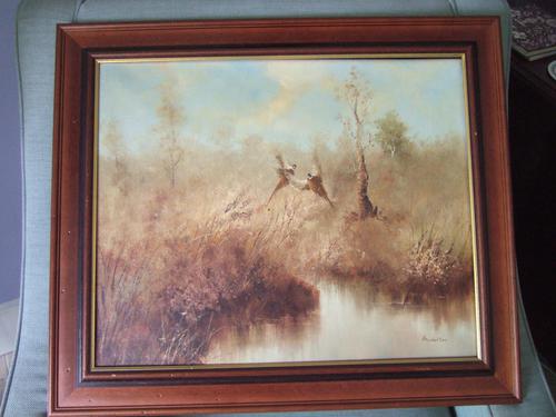 B Norton:  Oil Painting on Canvas of Pheasants in Marshland Setting (1 of 4)