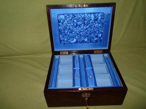 Inlaid Rosewood Jewellery Box + Tray - Plush Interior c.1850 (1 of 11)