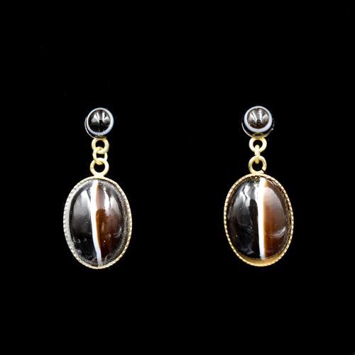 Antique Banded Bullseye Agate Yellow Gold on Silver Drop Dangle Earrings (1 of 6) Antique Banded Bullseye Agate Yellow Gold on Silver Drop Dangle Earrings (1 of 6)