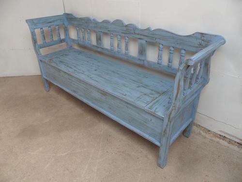 Lovely Sky Blue 3 Seater Antique Pine Kitchen / Hall Box Settle / Bench (1 of 10)