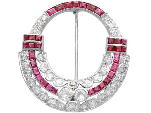 0.97ct Ruby & 2.23ct Diamond, 14ct White Gold Brooch - Art Deco c.1930 (1 of 9)