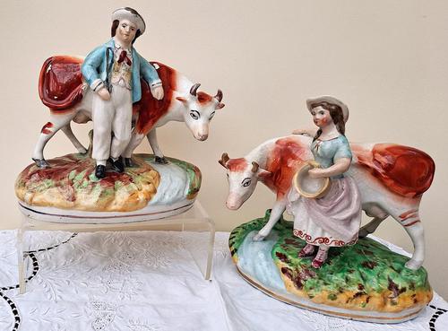 Pair of Antique English Victorian Staffordshire Pottery Figures - Milkman & Milkmaid with Cows - H 2314d / H 2314c (1 of 13) Pair of Antique English Victorian Staffordshire Pottery Figures - Milkman & Milkmaid with Cows - H 2314d / H 2314c (1 of 13)