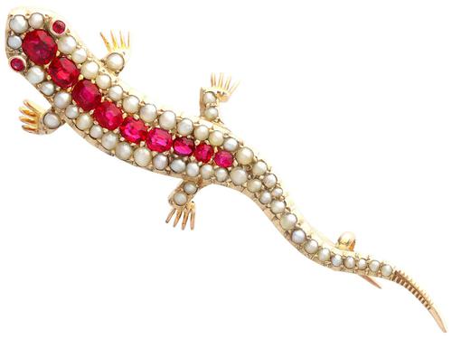 Pearl & 1.42ct Ruby, 9ct Rose Gold Lizard Brooch - Antique Victorian c.1885 (1 of 9)