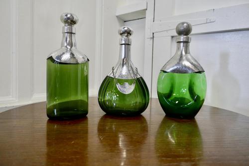 Set of 3 French Green Glass and Pewter Spirit Decanters (1 of 8)