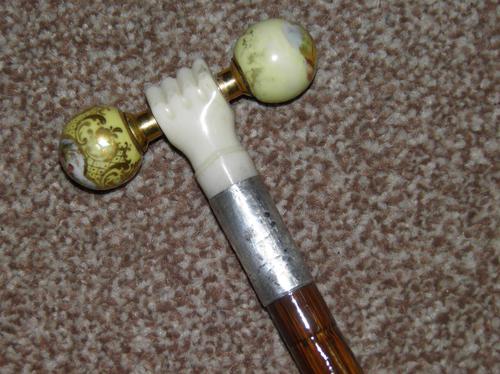 Antique hallmarked 1913 silver dress cane w/ carved fist & french porcelain yop (1 of 14)