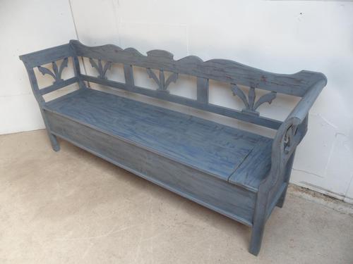 Lovely Grey / Blue 3-4 Seater Antique Pine Kitchen / Hall Box Settle / Bench (1 of 10)