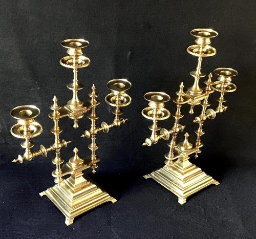 Pair of Heavy Brass Aesthetic Movement Three Branch Candelabra. (1 of 8) Pair of Heavy Brass Aesthetic Movement Three Branch Candelabra. (1 of 8)