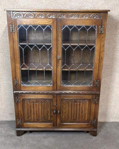 Tall Oak Bookcase / Cabinet With Carved Linen Fold Panels (1 of 11)