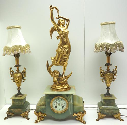 Incredible Art Nouveau Dancing Figural Mantel Clock Set 8 Day Striking Mantle Clock  with Side Lamps (1 of 15)