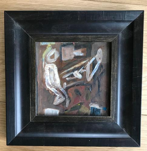Original thinned oil on card painting '2 figures at a table.' by Doreen Heaton Potworowski. 1920-2014. Initialled c.1970. Framed in a tray format. (1 of 1) Original thinned oil on card painting '2 figures at a table.' by Doreen Heaton Potworowski. 1920-2014. Initialled c.1970. Framed in a tray format. (1 of 1)