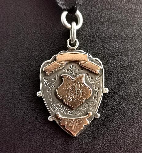 Antique Silver & Rose Gold Shield Fob, Pendant (1 of 10)