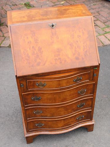 1960s Small Serpentine Front Burr Walnut Ladies Bureau + Key (1 of 5)