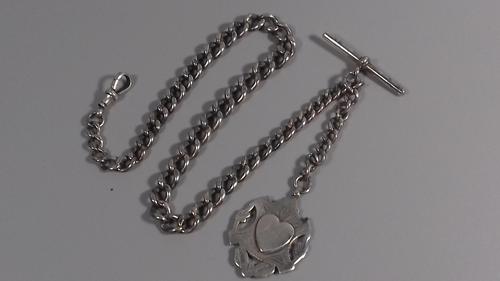 Edwardian sterling silver graduated albert fob pocket watch chain + heart medal 1902 (1 of 11)