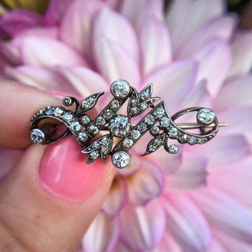 Antique Victorian Gold & Silver Diamond Tulip Scrollwork Brooch (1 of 5)