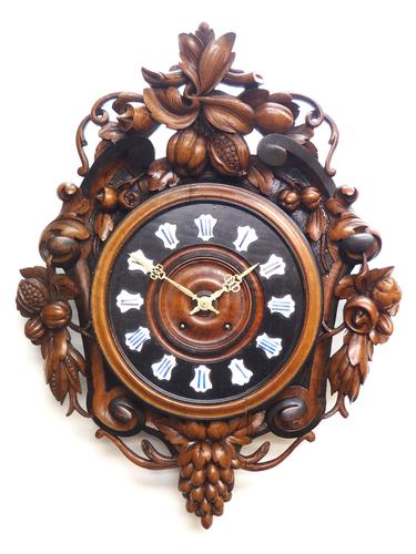 Rare Antique French Carved Dial Wall Clock 8 Day Movement Dial Black Forest Design (1 of 10)