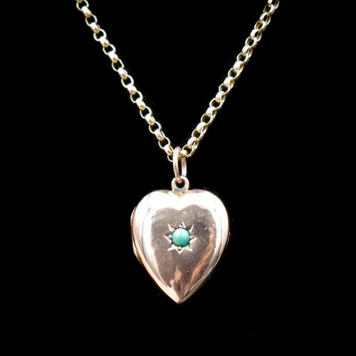 Antique Turquoise Heart 9ct 9K Gold Locket and Chain Necklace (1 of 10)