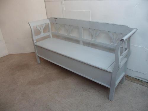 Light Grey 3 Seater Tulip Antique Pine Kitchen / Hall Box Settle / Bench (1 of 10)