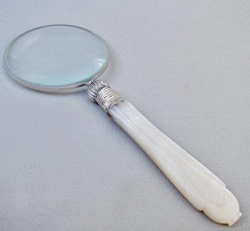 Silver Mounted Mother of Pearl Desk Magnifying Glass by James A. Scholes, Sheffield 1911 (1 of 5)