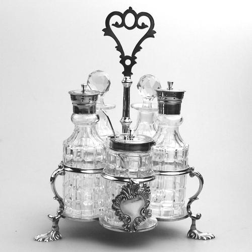 A Fine Silver Plate Warwick Type Cut Glass 5 Bottle Cruet C.1863/64 (1 of 9)