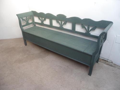 A Large 4 Seater Emerald Green Antique/Old Pine Kitchen/Hall Box Settle / Bench (1 of 10)