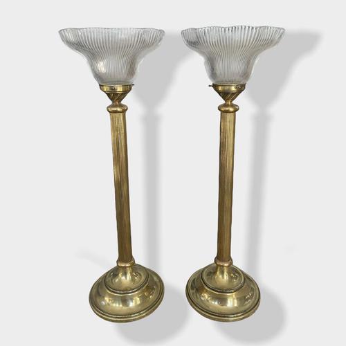 Pair of  Brass Column Holophane Uplighter Lamps (1 of 7)