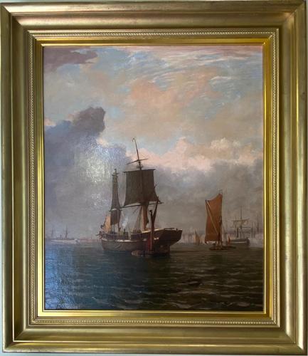 Oil on Canvas Entitled - A Busy Harbour by William R Wells (1 of 3)