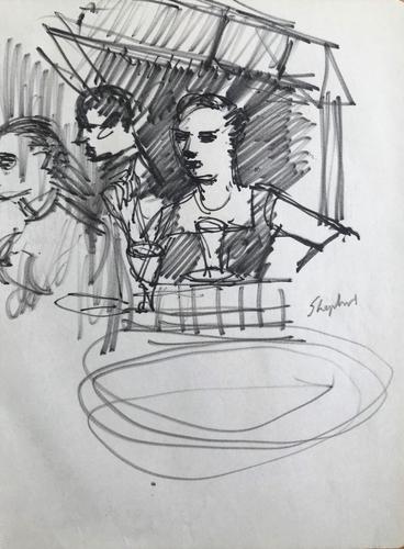 Original Marker Pen Drawing 'Cafe Society, Perugia August 1956' by Toby Horne Shepherd - Signed (1 of 1) Original Marker Pen Drawing 'Cafe Society, Perugia August 1956' by Toby Horne Shepherd - Signed (1 of 1)