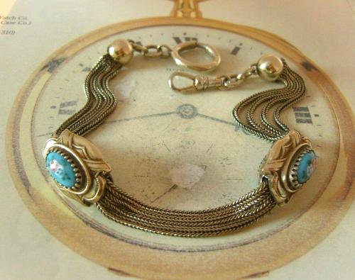 Antique Pocket Watch Chain 1880s Victorian Silver Nickel & Enamel Fancy Albert (1 of 11)