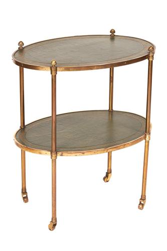 Brass 2 Tier Etagere, with Leather Covered Shelves (1 of 4) Brass 2 Tier Etagere, with Leather Covered Shelves (1 of 4)