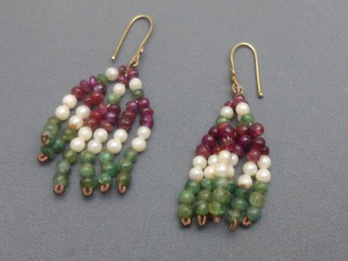 Pair of  Indian silver gilt,ruby,emerald beads and seed pearl earrings (1 of 5)