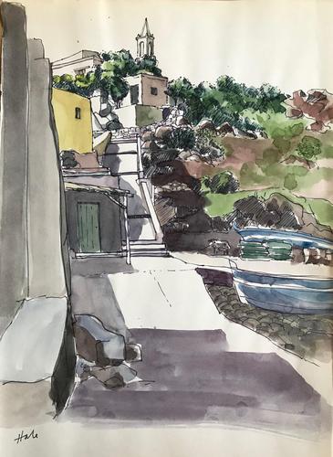Original watercolour 'an Italian village and port' by Helen Hale. ROI. B.1936 Signed c.1970 (1 of 1) Original watercolour 'an Italian village and port' by Helen Hale. ROI. B.1936 Signed c.1970 (1 of 1)