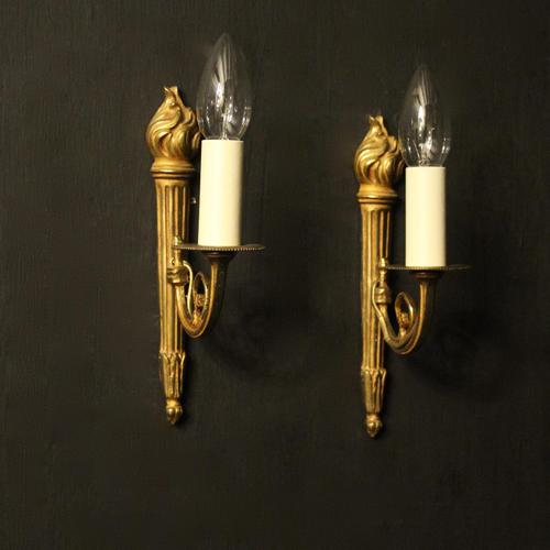 French Pair of Single Gilded Flame Antique Wall Lights (1 of 10) French Pair of Single Gilded Flame Antique Wall Lights (1 of 10)