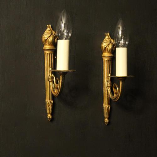 French Pair of Single Gilded Flame Antique Wall Lights (1 of 10)