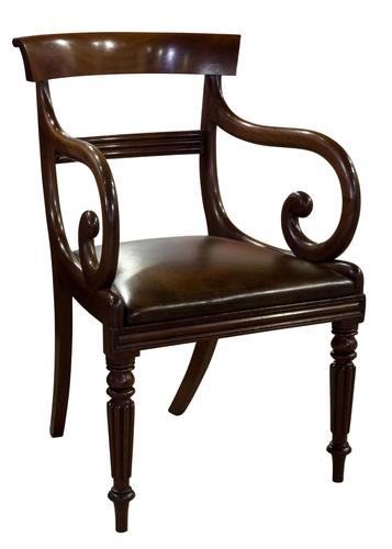 Mahogany Scroll Armchair with Brown Leather Seat (1 of 7) Mahogany Scroll Armchair with Brown Leather Seat (1 of 7)