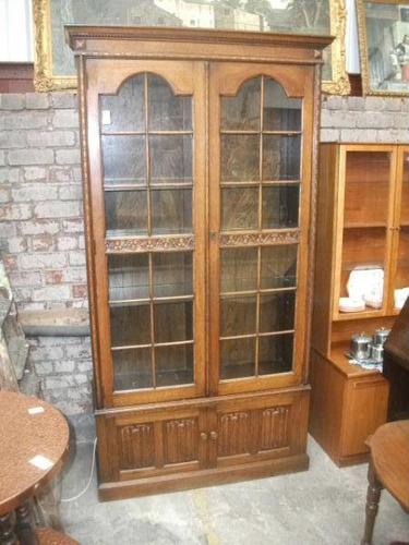 Tall Glazed Oak Linenfold Bookcase - 021-1365 (1 of 4)