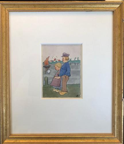 Original watercolour '2 Dutch children and a balloon'. Initialled C.B. (?) c.1910 (1 of 2) Original watercolour '2 Dutch children and a balloon'. Initialled C.B. (?) c.1910 (1 of 2)
