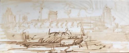 Original double sided sepia wash drawing of 'A Spitfire(?) and pilot with verso, An ocean liner and tug' by Richard Walker 1925-2009. c.1945. (1 of 2) Original double sided sepia wash drawing of 'A Spitfire(?) and pilot with verso, An ocean liner and tug' by Richard Walker 1925-2009. c.1945. (1 of 2)