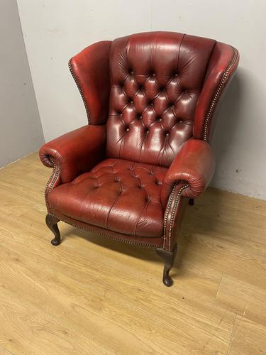 Vintage Red Leather Deep Buttoned Queen Anne Style Winged Armchair (1 of 13)