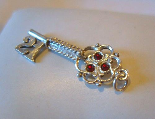 Vintage Silver Ladies Bracelet Charm 1960s 21st Birthday Key Set With Faux Rubies (1 of 5)