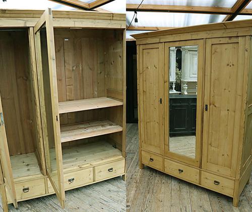 Superb! Old Triple Door 'Knock Down' Pine Combination Wardrobe - We Deliver! (1 of 11)