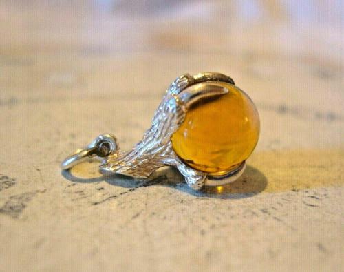 Vintage Silver Pocket Watch Chain Fob 1970s Dainty Talon or Claw Holding an Amber Ball (1 of 9)