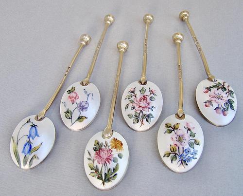 Cased Set of Six "Botanical" Guilloche Enamel Coffee Spoons by Barker Ellis Silver Co, Birmingham 1969 (1 of 5)