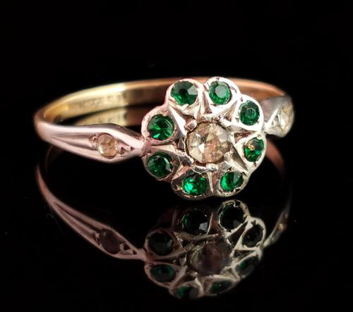 Vintage Art Deco Flower Ring, 9ct Gold & Silver, Emerald Paste (1 of 11)