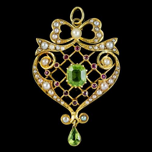Antique Edwardian Suffragette Pendant Peridot Pearl Ruby 15ct Gold c. 1910 (1 of 6) Antique Edwardian Suffragette Pendant Peridot Pearl Ruby 15ct Gold c. 1910 (1 of 6)
