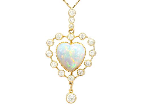 5.48ct Opal & 2.91ct Diamond, 15ct Yellow Gold Heart Pendant - Antique c.1910 (1 of 9) 5.48ct Opal & 2.91ct Diamond, 15ct Yellow Gold Heart Pendant - Antique c.1910 (1 of 9)